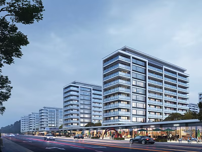Modern Residential Buildings Exterior With Street Pedestrians Vehicles And Commercial Facilities 3d model