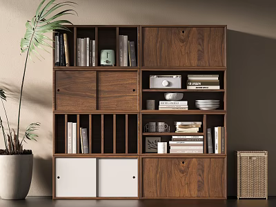 Modern Wooden Storage Cabinet With Open Shelves Closed Compartments And Decorative Items 3d model