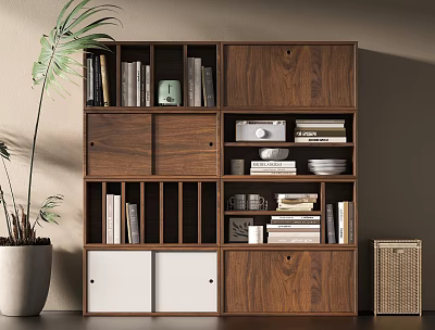 Modern Wooden Storage Cabinet With Open Shelves Closed Compartments And Decorative Items 3d model