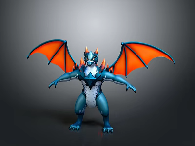 Blue Dragon Like Game Movie Character With Orange Wings And Horns 3d model
