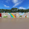 School Entrance With Red Gate Colorful Painted Wall Rainbow SAFE Sign And Trees