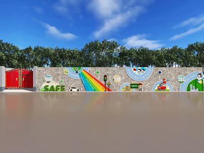 School Entrance With Red Gate Colorful Painted Wall Rainbow SAFE Sign And Trees 3d model