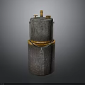 Rusted Industrial Metal Barrel With Top Valves Yellow Band And Hook