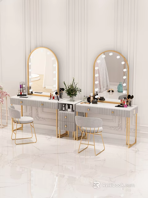 Elegant White And Gold Dressing Tables With Lighted Round Mirrors Cosmetics And Gray Chairs 3d model 