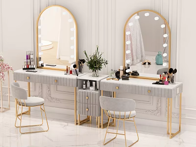 Elegant White And Gold Dressing Tables With Lighted Round Mirrors Cosmetics And Gray Chairs 3d model