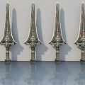 Four Decorative Swords With Intricate Patterns Standing On Smooth Surface With Reflections 3d model