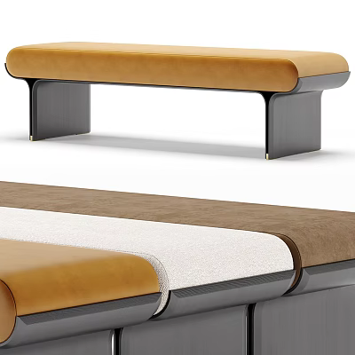 Modern Upholstered Bench with Black Legs and Brown Beige White Fabric Seats 3d model