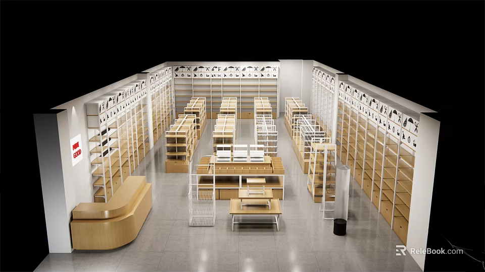 Well Arranged Wooden Display Shelves In Modern Store Interior For Product Showcase 3d model 