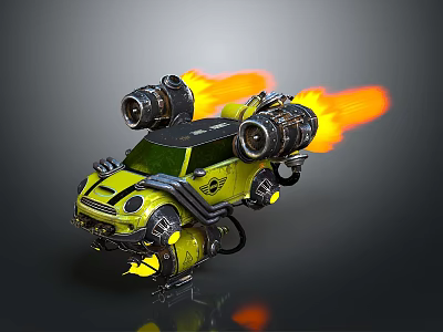 Futuristic Yellow Flying Car With Large Engines Flames And Mechanical Design 3d model