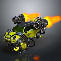 Futuristic Yellow Flying Car With Large Engines Flames And Mechanical Design