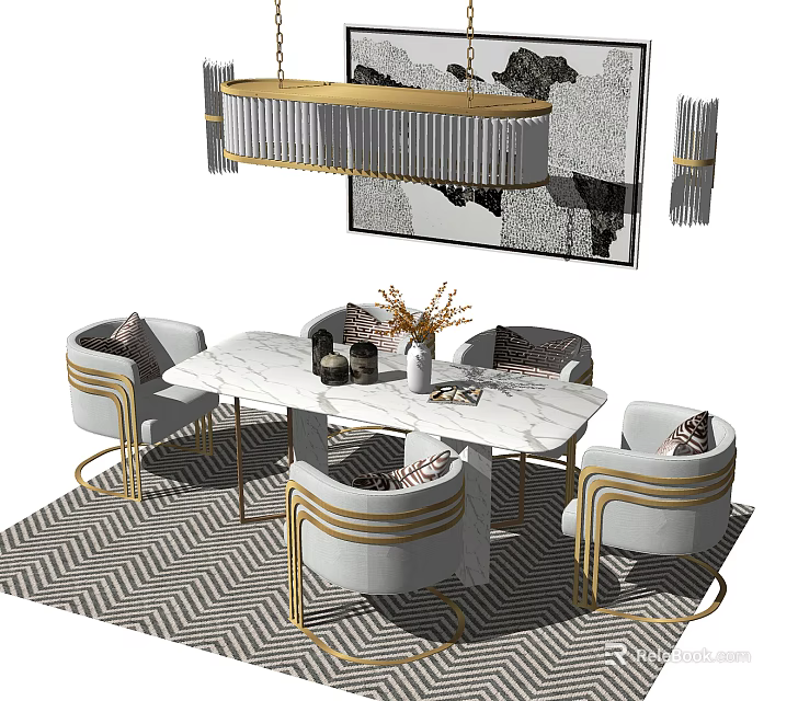 Elegant Modern Dining Table Set With Marble Top Gold Frame Chairs And Herringbone Rug 3d model