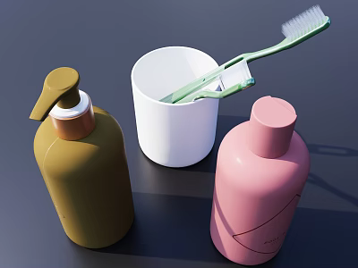 Essential Daily Washing Products Including Yellow Pink Bottles White Cup and Green Toothbrush 3d model