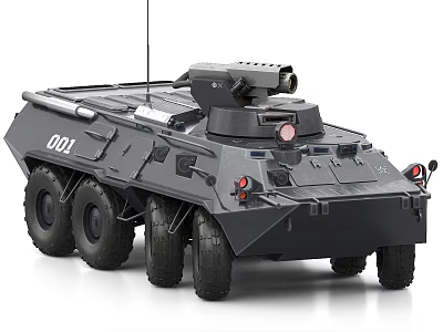 Wheeled Military Tank with Turret Machine Gun and Gray Exterior Number 001 3d model