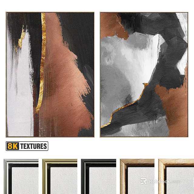 Modern Picture Frames With Abstract Art Textures In Gold Black White Brown 3d model 
