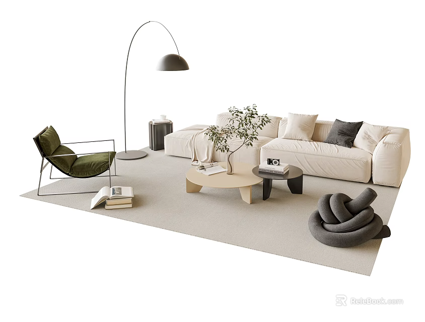 Modern Beige Sofa and Coffee Table Set with Wooden Top Floor Lamp and Potted Plant 3d model 