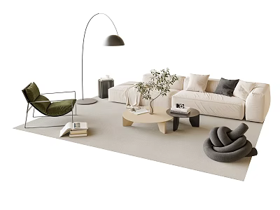 Modern Beige Sofa and Coffee Table Set with Wooden Top Floor Lamp and Potted Plant 3d model
