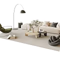 Modern Beige Sofa and Coffee Table Set with Wooden Top Floor Lamp and Potted Plant