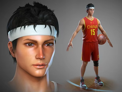 Man Wearing White Headband In Red CHINA Basketball Jersey Number 15 Holding Basketball On Court 3d model