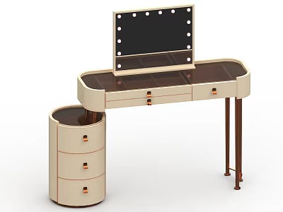 Modern Vanity Table with LED Lighted Mirror Glass Top Gold Handle Drawers and Round Cabinet 3d model