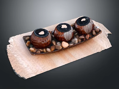 Three Decorative Candle Holders Arranged on Wooden Tray with Small Pebbles 3d model