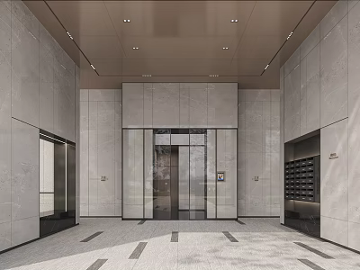 Contemporary Elevator Lobby Design With Stone Wall Panels Recessed Lights And Glass Doors 3d model