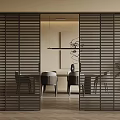 Modern Louvered Sliding Doors For Stylish Dining Space With Table Chairs And Hanging Light