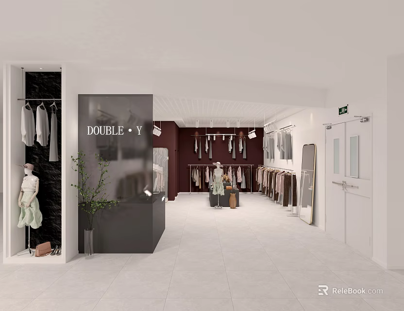 Modern Clothing Store Interior With Clothes Racks Mannequins And Display Area 3d model 