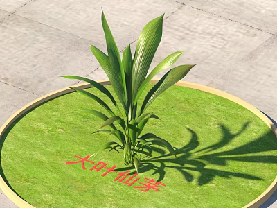 Green Round Carpet With Wooden Border And Green Plant On Gray Floor 3d model