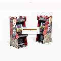 Two Miniature Arcade Machines With Retro Brick Wall Design And Cartoon Graphics
