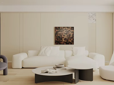 Modern Living Room Interior With Beige Walls Collage Painting White Sofa And Round Coffee Table 3d model