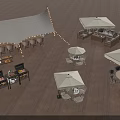 Outdoor Dining Table With Umbrellas Chairs And Canopy Setup On Patio Deck 3d model