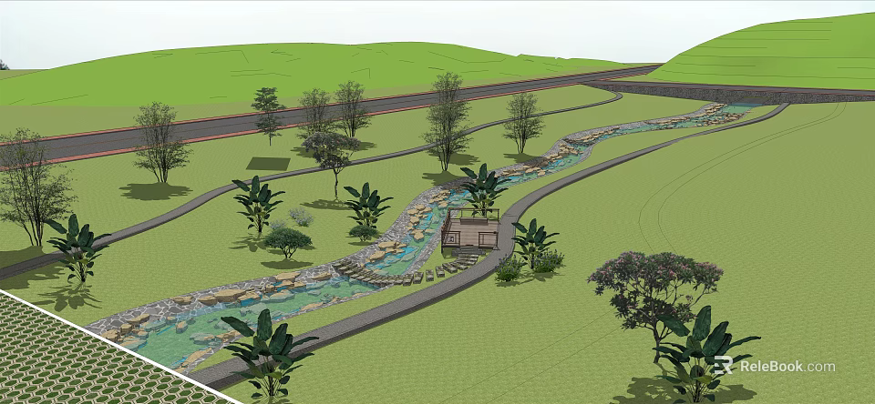 Scenic Natural Garden Landscape With Lush Lawns Trees Stream Pathways And Pavilion 3d model 