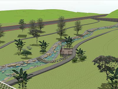Scenic Natural Garden Landscape With Lush Lawns Trees Stream Pathways And Pavilion 3d model