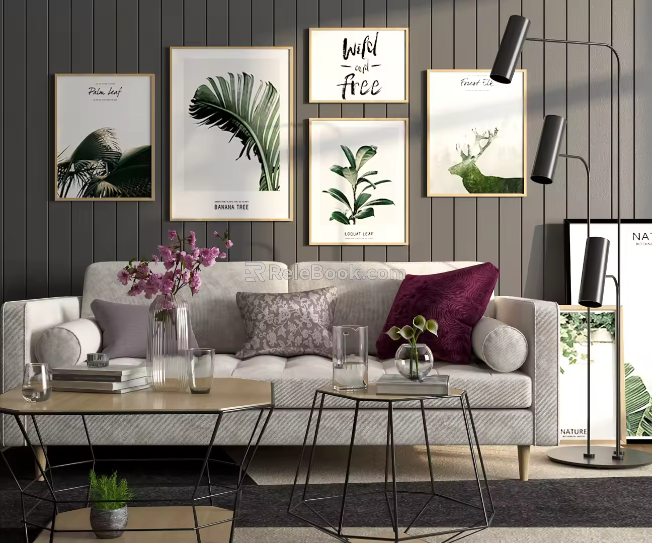 Nordic Double Sofa Potted Tea Table Decorative Painting Combination 3d model