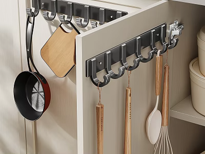 Cabinet Door Kitchen Hooks With Hanging Pans Cutting Board And Utensils in Modern Kitchen 3d model