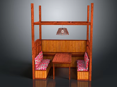 Public Chair With Bamboo Frame Pink Patterned Seats Small Table And Hanging Lamp Shade 3d model