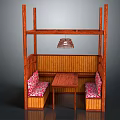 Public Chair With Bamboo Frame Pink Patterned Seats Small Table And Hanging Lamp Shade