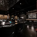 Modern Dark Bar Interior With Bar Counter Seating Lighting And Guitar Decor