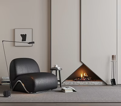 Modern Black Leather Armchair With Small Side Table Near Fireplace And Floor Lamp 3d model