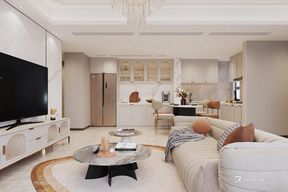 Modern Light Luxury Open Plan Living And Dining Room With Cozy Furnishings And Integrated Kitchen 3d model 