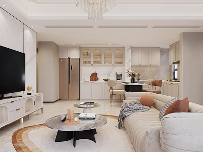 Modern Light Luxury Open Plan Living And Dining Room With Cozy Furnishings And Integrated Kitchen 3d model