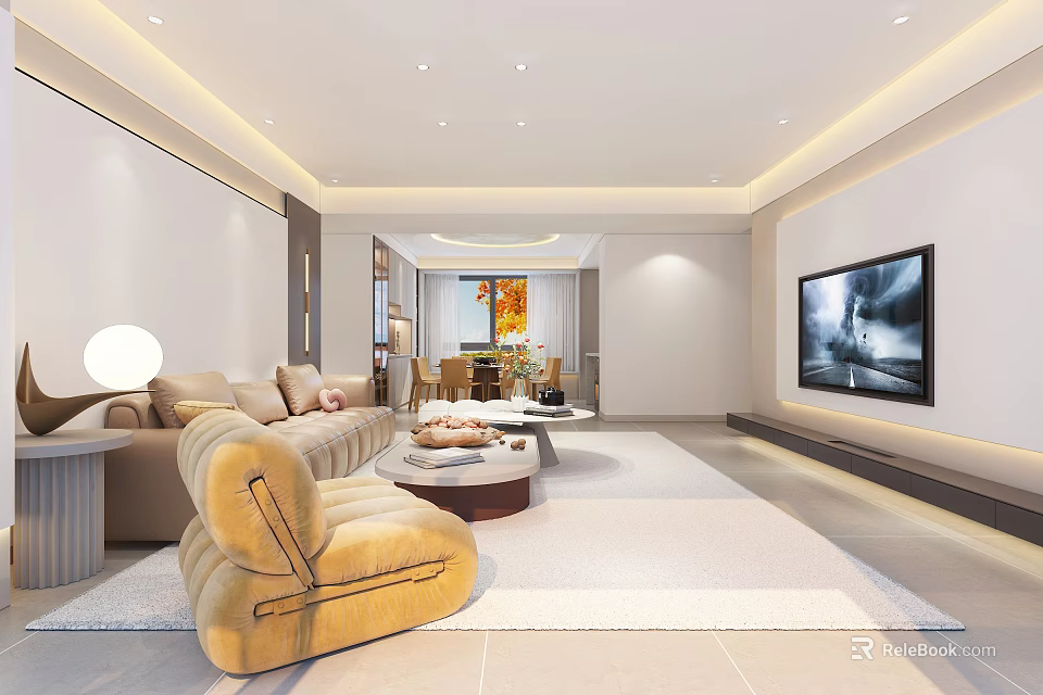Modern Living and Dining Room Interior Design With Sofa Coffee Table TV And Dining Table 3d model 