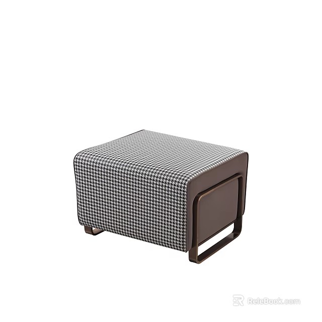 Square Ottoman With Black And White Houndstooth Pattern And Dark Brown Frame 3d model 
