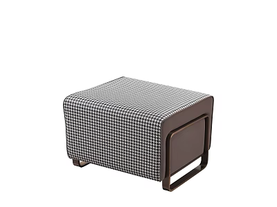 Square Ottoman With Black And White Houndstooth Pattern And Dark Brown Frame 3d model