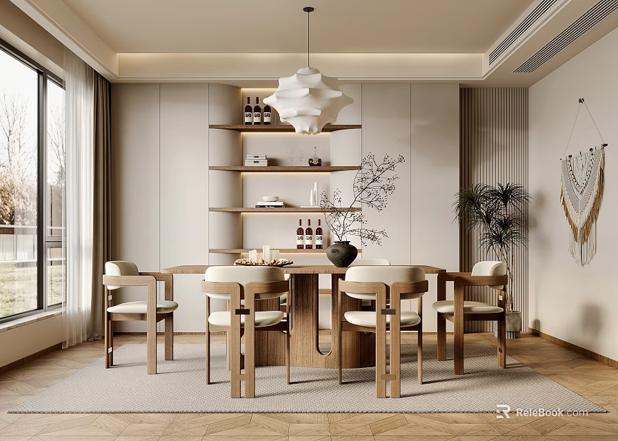 Modern Restaurant Dining Space With Wooden Table Chairs Hanging Pendant Lamp Display Shelves And Indoor Plant 3d model 
