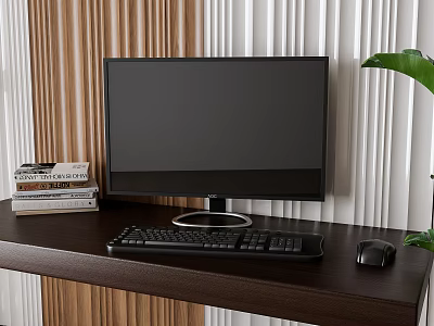 Modern Computer Setup With Monitor Keyboard Mouse On Wooden Desk Striped Wall And Green Plant 3d model