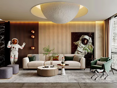 Modern Living Room Interior With Astronaut Decor Beige Sofa Green Chair And Wooden Wall Panels 3d model