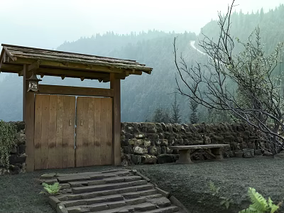 Rustic Wooden Gate With Stone Wall Steps Bench And Mountain Forest 3d model