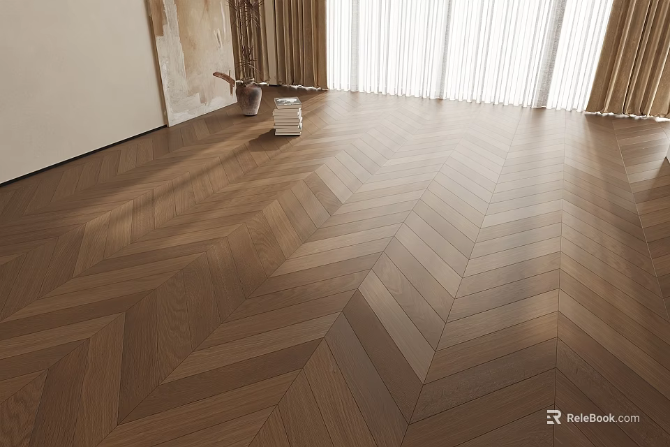 Natural Herringbone Oak Wood Flooring In Bright Living Room Interior Space 3d model 