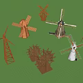 Various Windmill Architectural Components With Wooden Structures And Traditional Designs 3d model